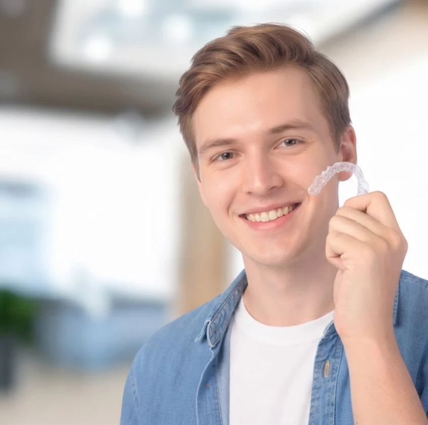 A young man smiling while holding a clear aligner